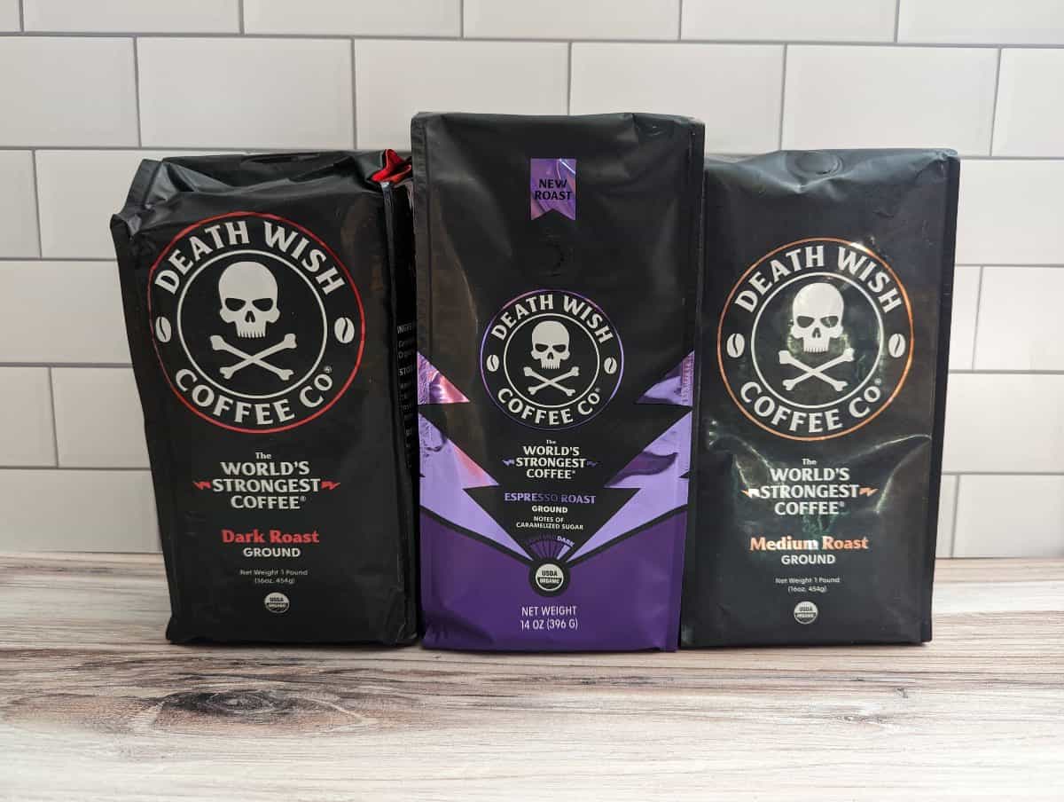 Straight on shot of 3 bags of Death Wish Coffee.