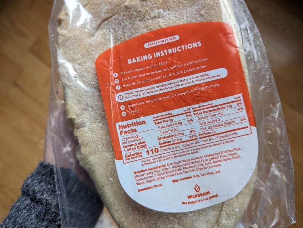 Showing the Wildgrain sourdough loaf baking instructions on the back of the bag.