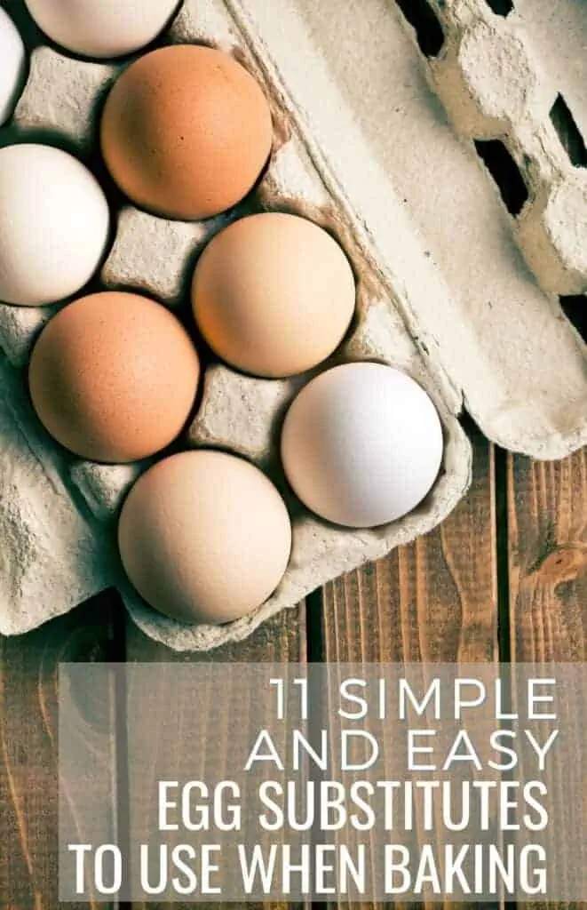 Overhead of a carton of eggs with text 11 simple and easy egg substitutes to use when baking.