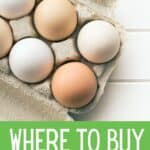 Overhead of six eggs with text where to buy cheaper eggs.