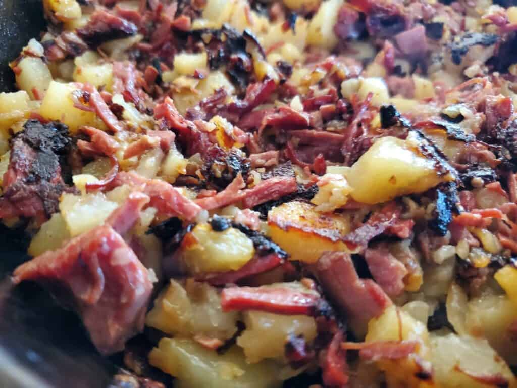Close up of crispy corned beef hash.