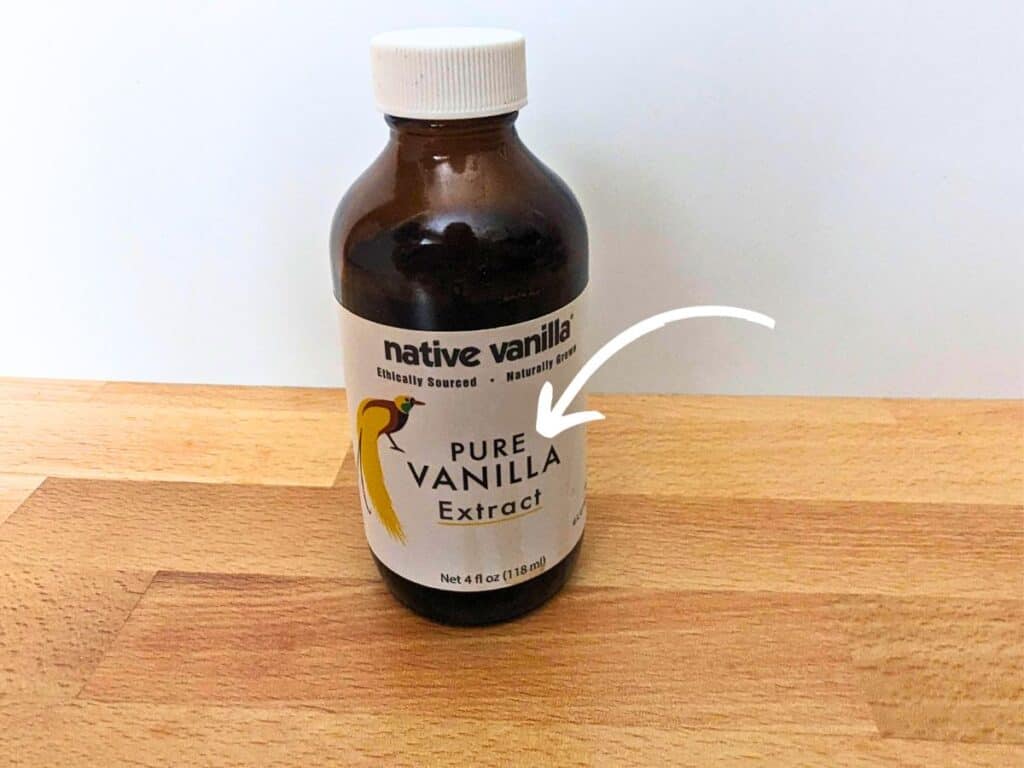 Image shows a Native vanilla extract bottle with an arrow pointing to the Pure Vanilla Extract on the label.