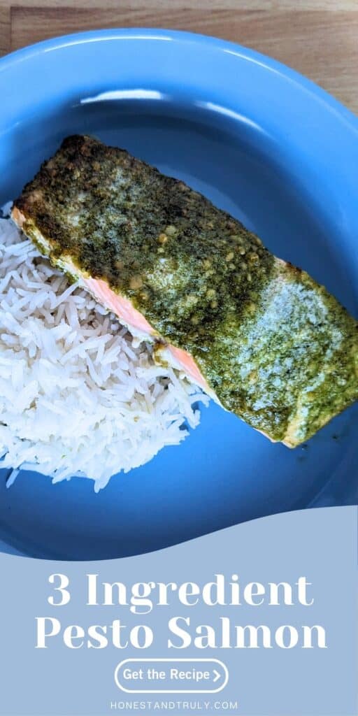 Image shows Overhead of salmon and rice on a blue plate with text 3 ingredient pesto salmon, get the recipe.
