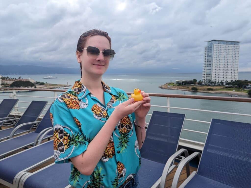 Image shows a Kid happy with a found cruising duck.