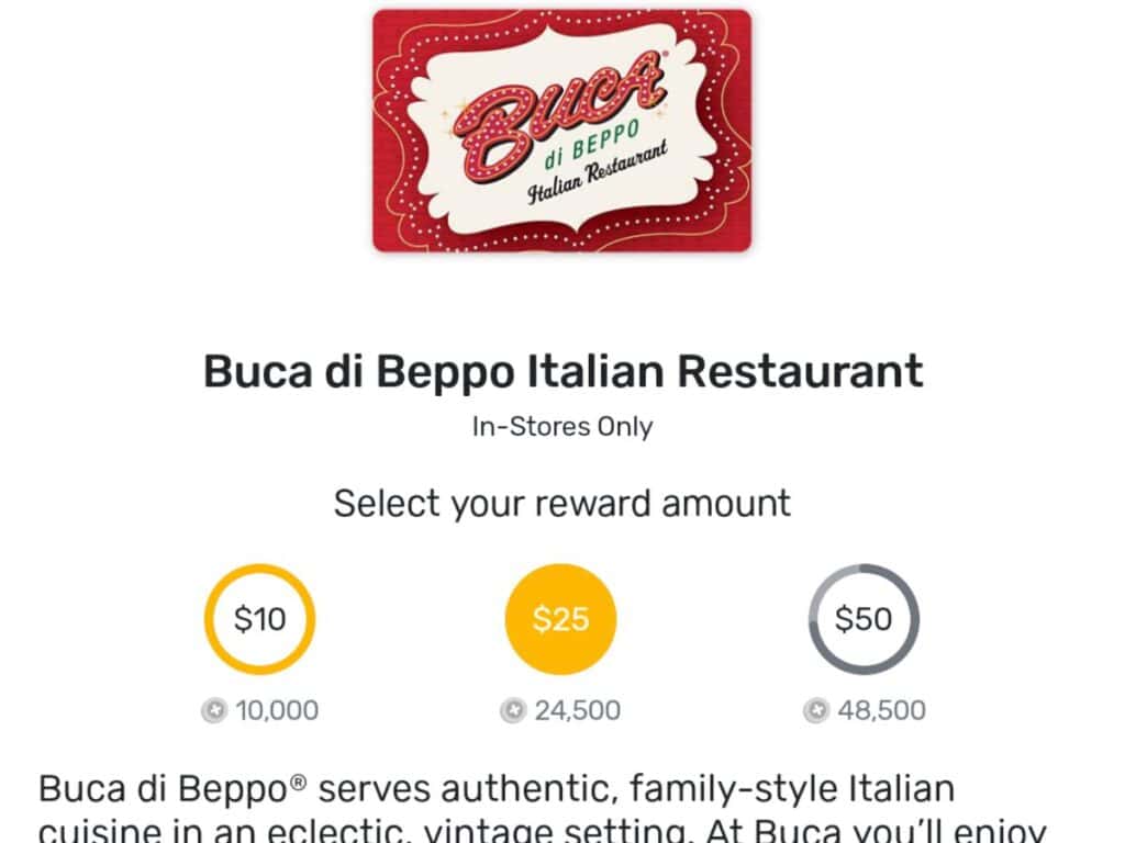 Image shows a screenshot of the Buca di Beppo rewards options within the Fetch app.