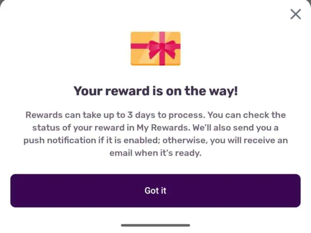 Image shows a reward confirmation message from the Fetch app.