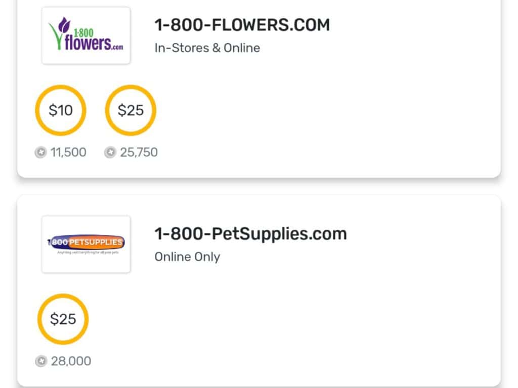 Image shows a screenshot of sample reward options from the Fetch app.