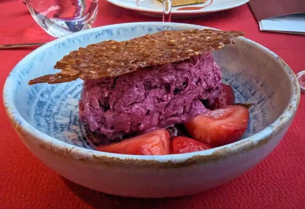Image shows a Black currant ice cream with sugar candy atop.