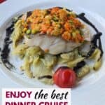 Image shows a Fancy fish dish with text enjoy the best dinner cruise in Paris.
