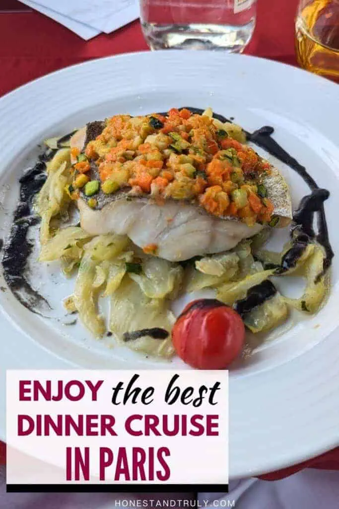 Image shows a Fancy fish dish with text enjoy the best dinner cruise in Paris.