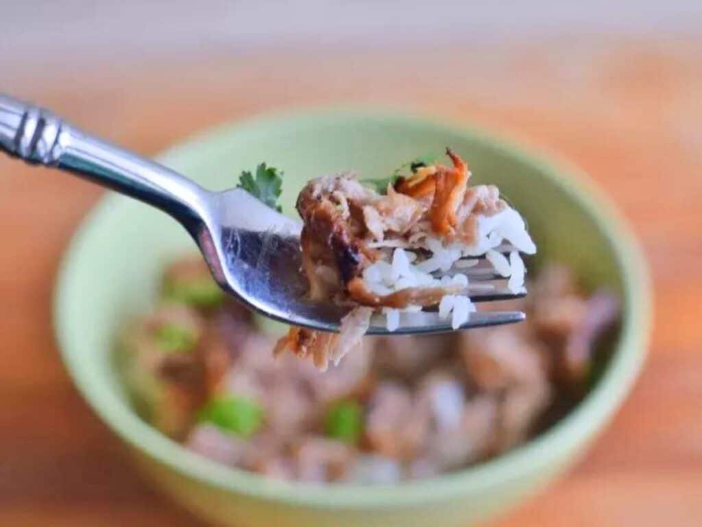 Image shows a delicious bite of homemade carnitas on a fork.