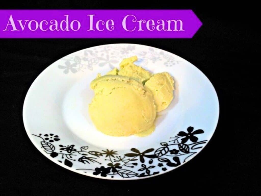 Image shows avocado ice cream served on a plate.