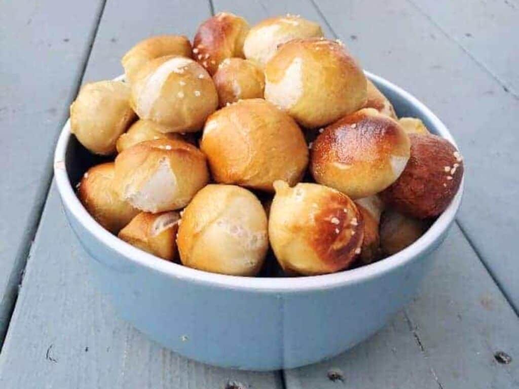 Image shows bowl of irresistible pretzel bites.