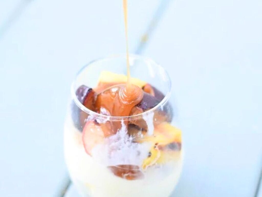 Image shows caramelized brown sugar added to grilled fruit kebabs.