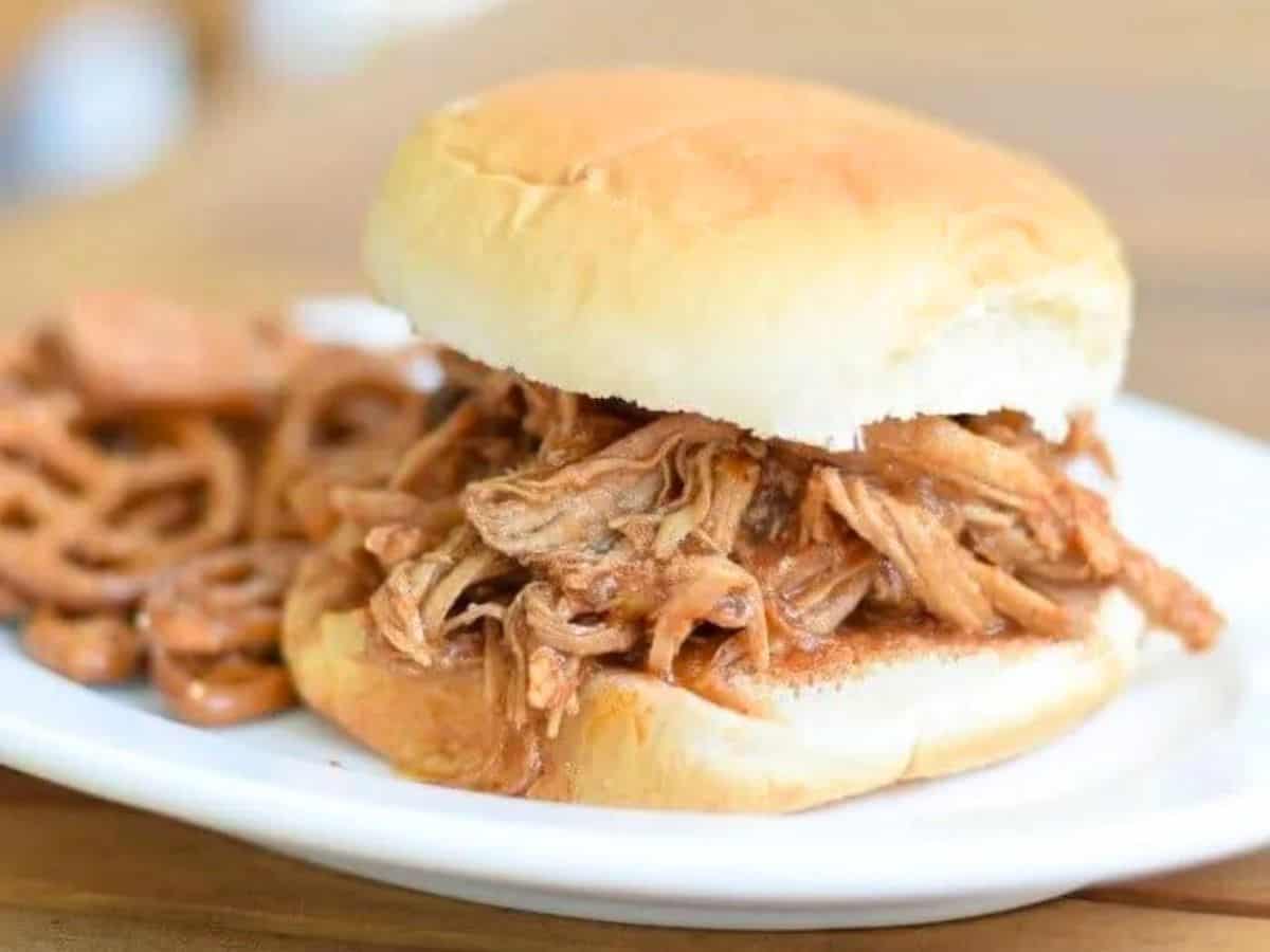Image shows a Pulled pork sandwich on white plate with pretzels on the side.