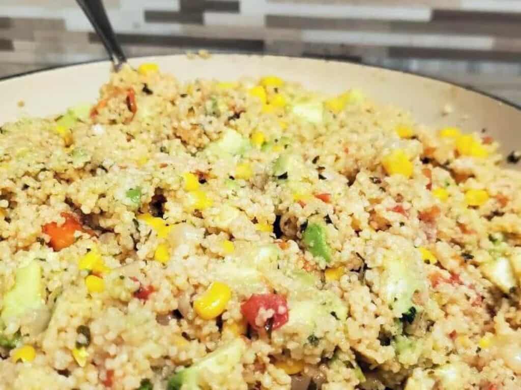 Image shows delicious and easy to make vegan couscous salad.