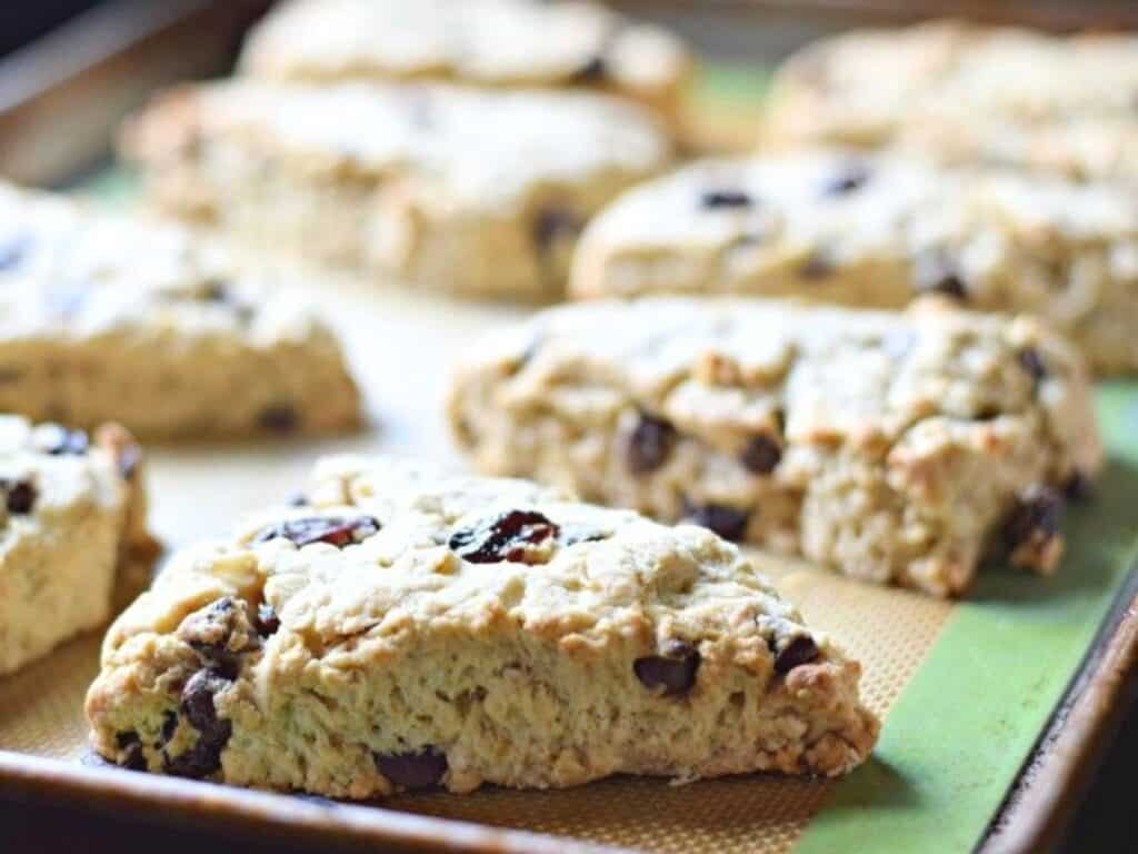 Image shows delicious and fresh baked cherry chip scones.