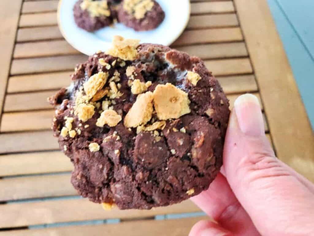 Image shows delicious chewy s'mores cookies with a platter full of cookies in the background.
