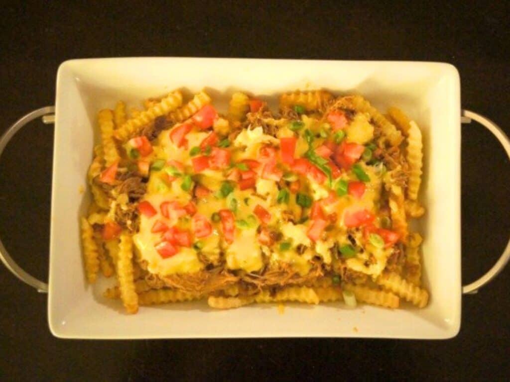 Image shows delicious french fry pulled pork nachos.