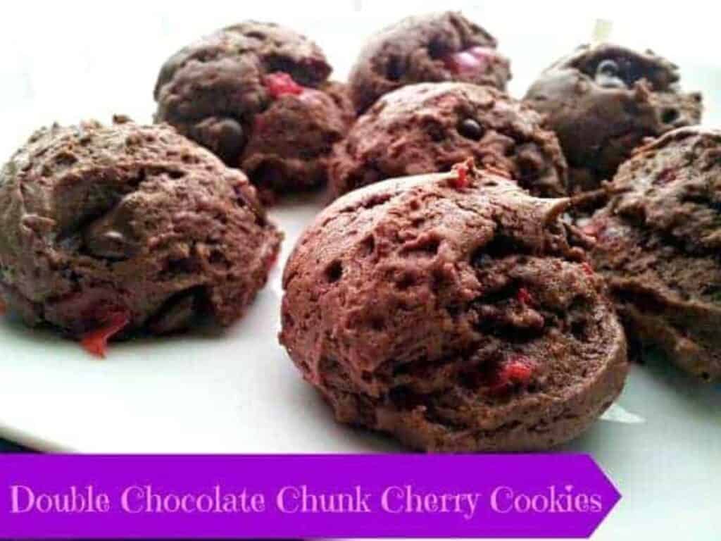 Image shows double chocolate chunk cherry cookies recipe.