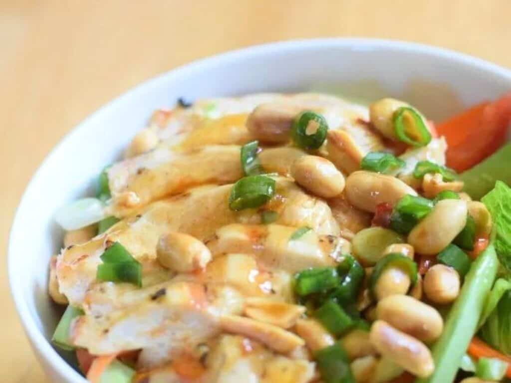 Image shows easy to make Kung pao chicken salad recipe.
