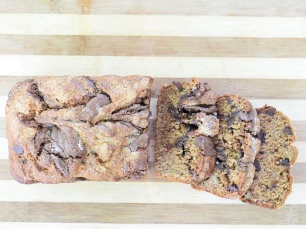 Image shows easy to make Nutella banana bread.
