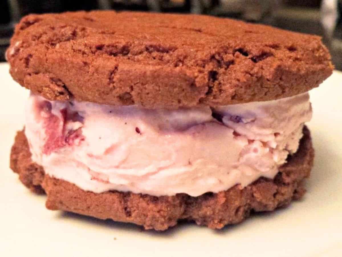Chocolate cherry ice cream sandwich extreme close up.