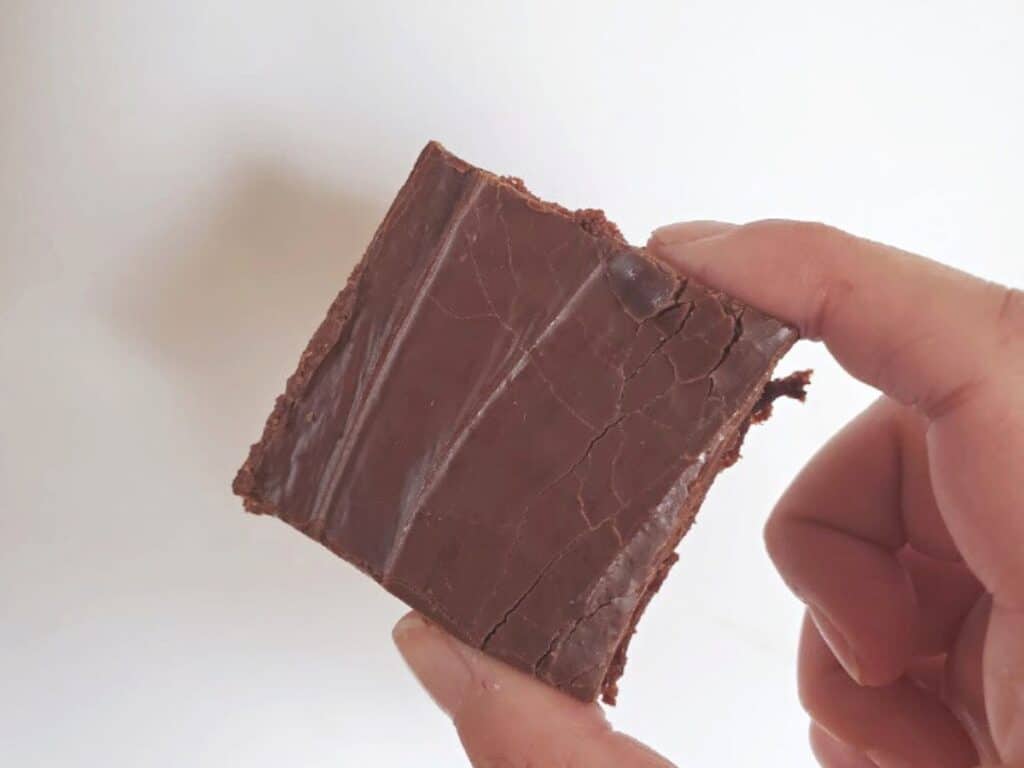Image shows holding Mexican sheetcake brownie.