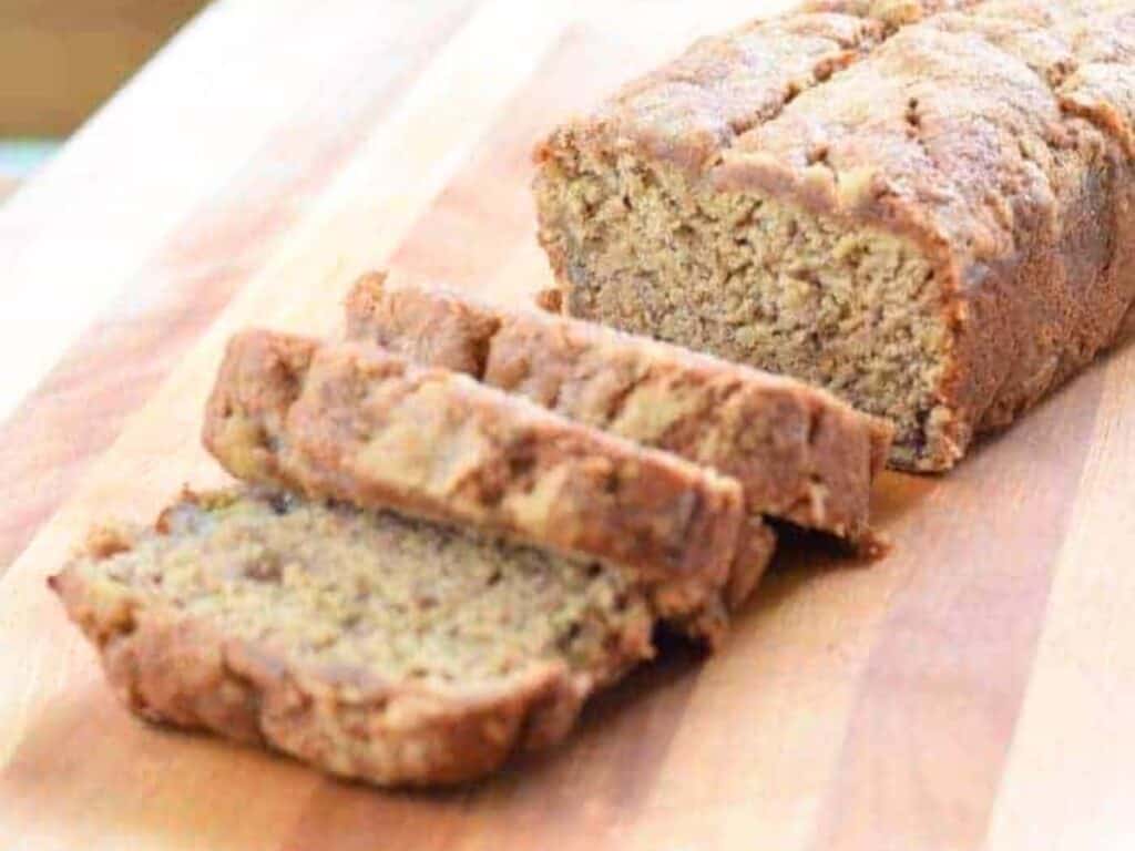 Image shows homemade banana bread recipe.