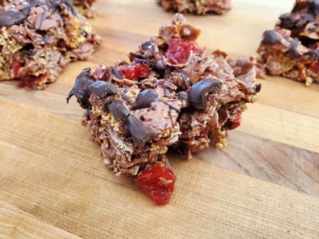 Image shows irresistible chocolate cherry cereal bar.