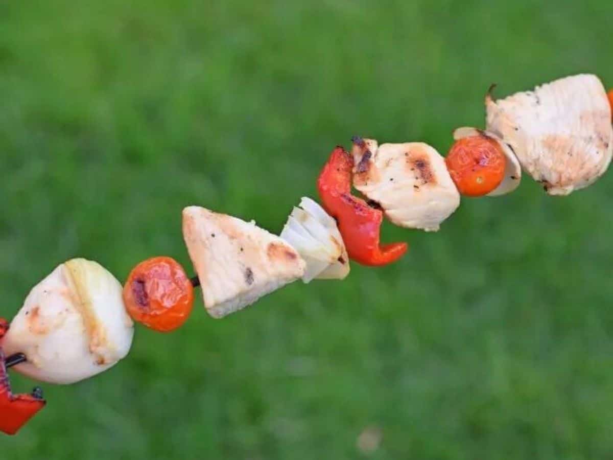 Image shows a skewer of lemon marinated chicken held diagonally with green grass in the background.
