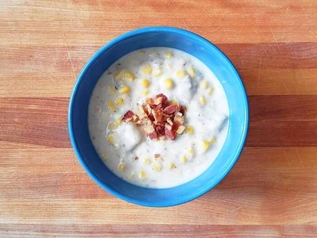 Image shows potato corn chowder recipe.