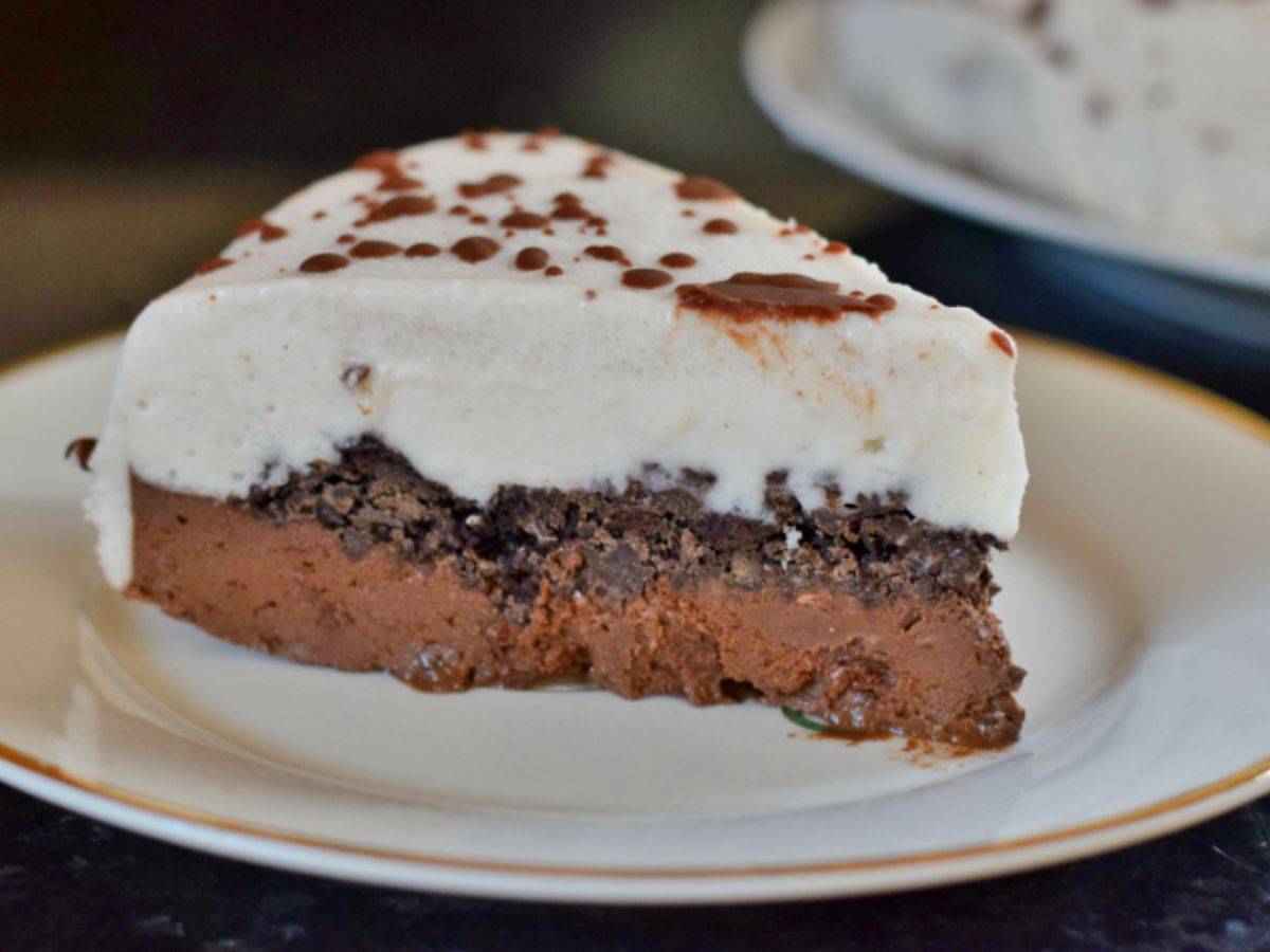 Image shows a slice of an ice cream cake with the full cake in the background to the side.