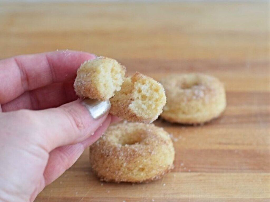 Image shows yummy homemade cinnamon sugar donuts.