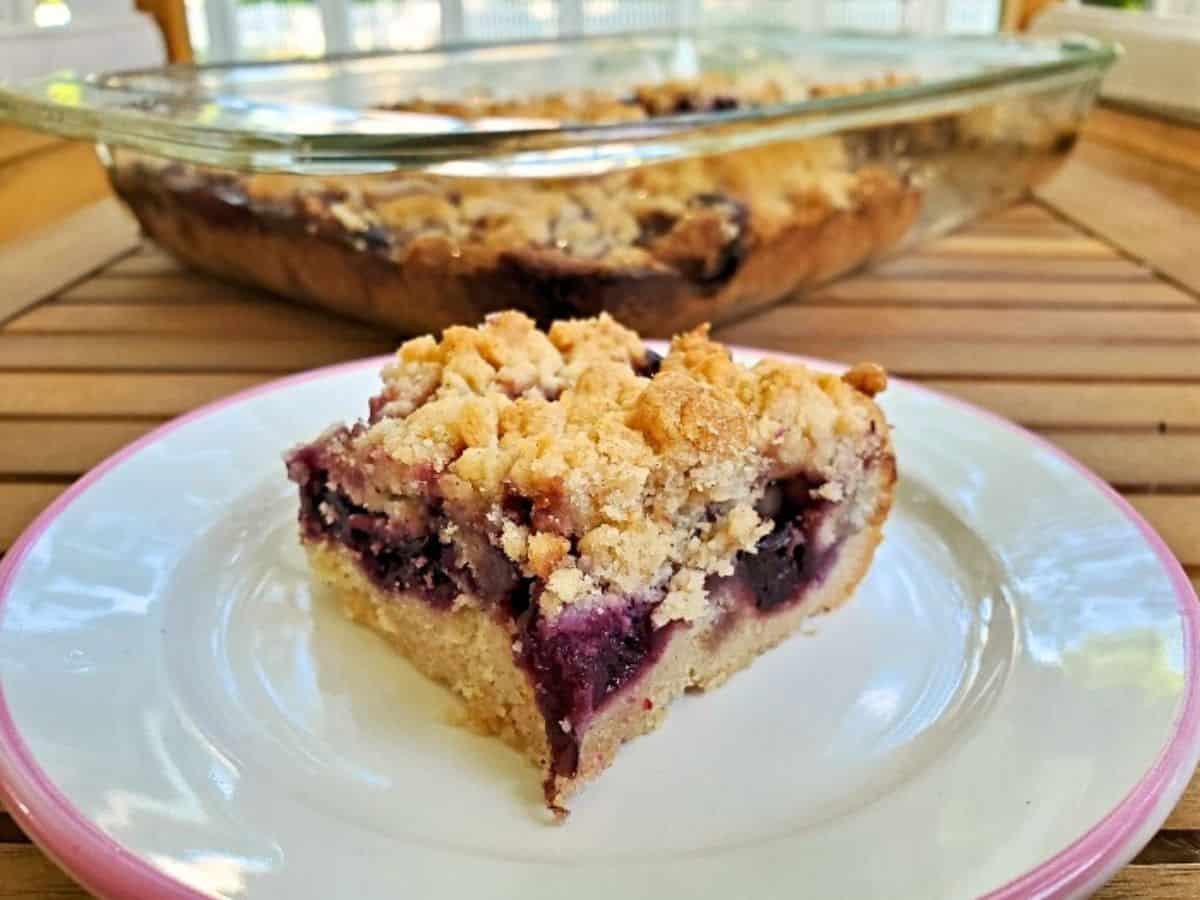 Image shows a small place with a cherry crumb bar on it and hte full pan behind it.