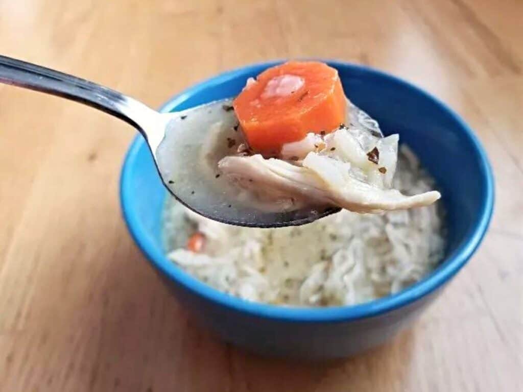 Image shows delicious chicken and rice soup.