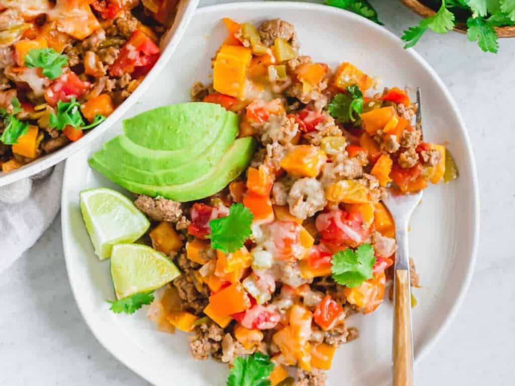 Image shows delicious ground beef and sweet potato skillet.