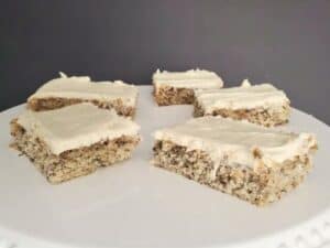 Image shows delicious plate of frosted banana bars.