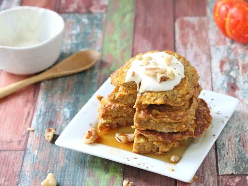 Image shows delicious pumpkin pancakes.
