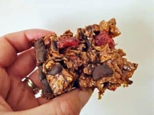 Image shows easy to make double chocolate cherry cereal bars.