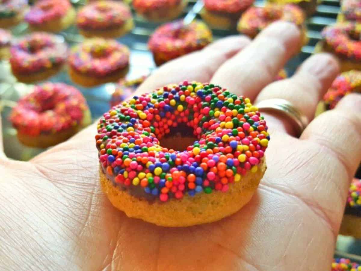 Image shows a Chocolate frosted mini donut held in a hand.