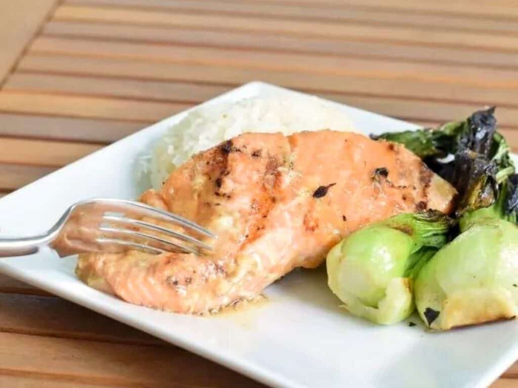 Image shows easy to make miso glazed salmon.