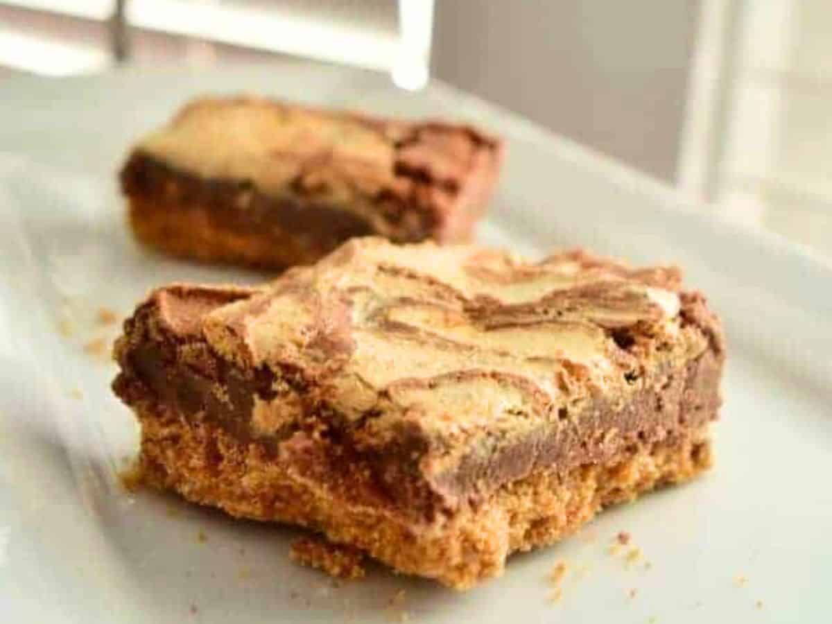 Image shows Smores brownies on a white tray.