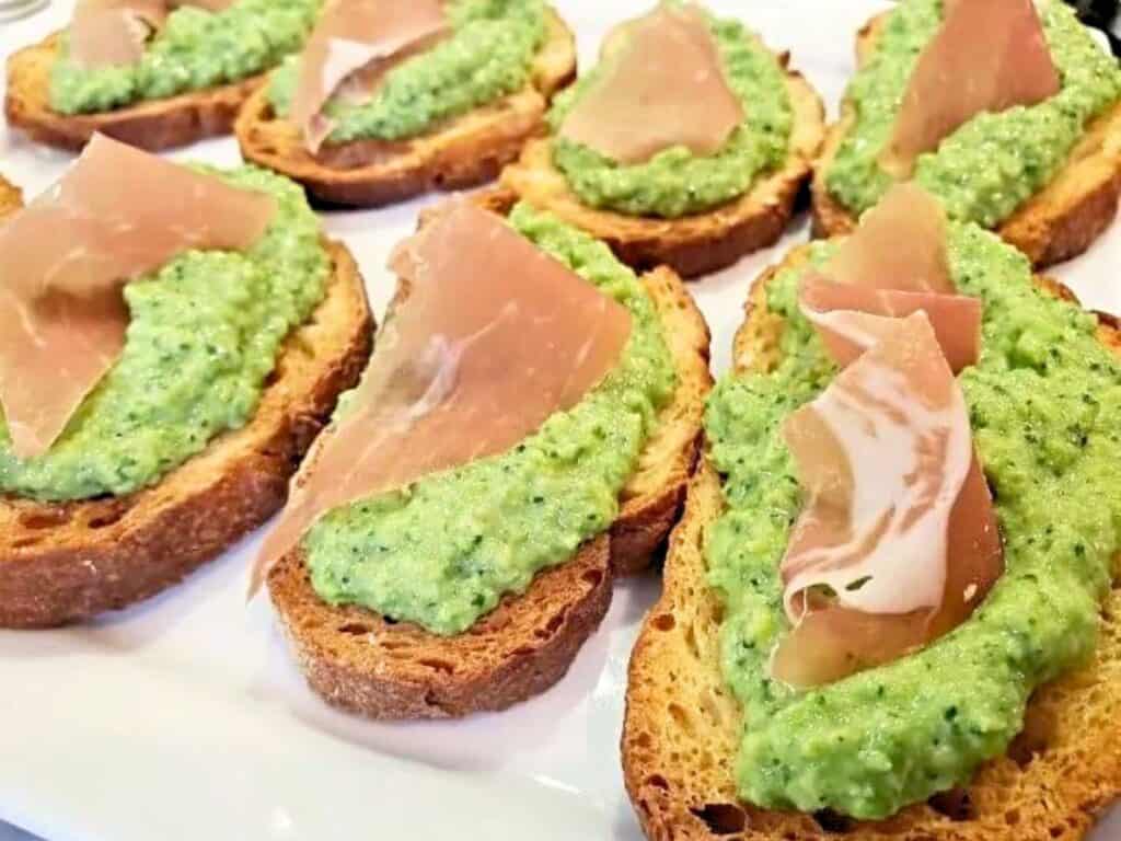 Image shows irresitible whipped vegetable bruschetta.
