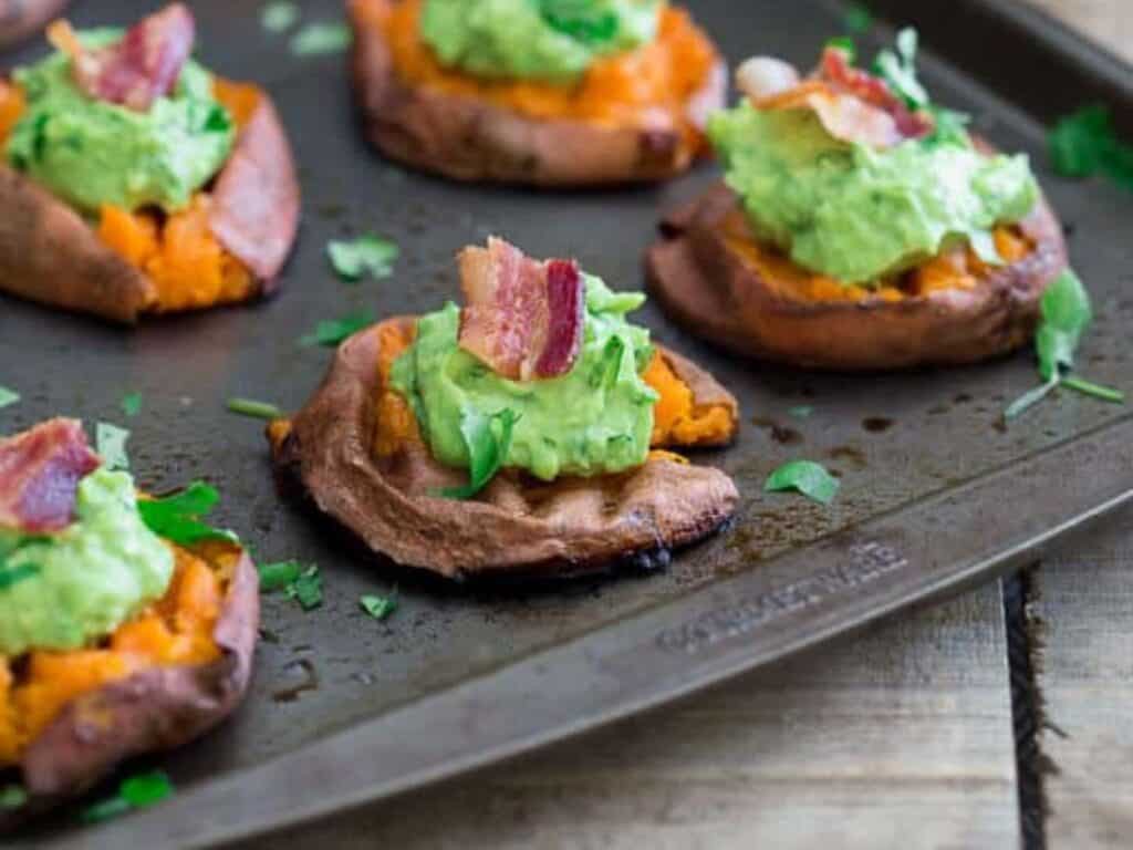 Image shows sweet potato guacamole bacon bites recipe.