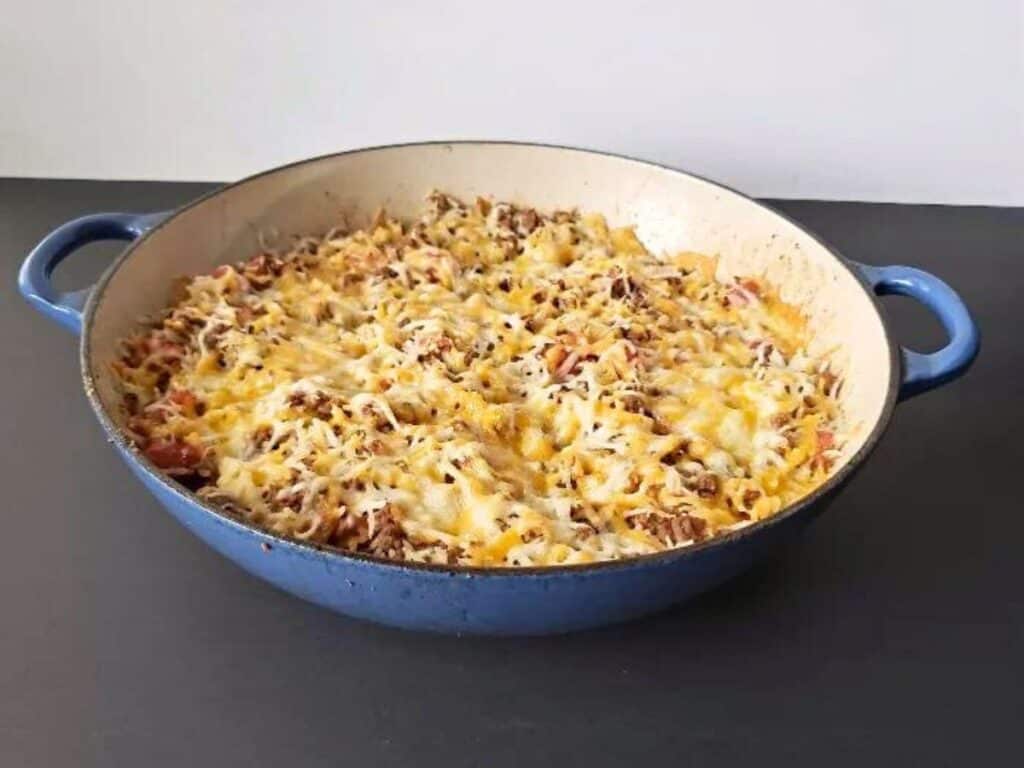 Image shows yummy cheesy beef and rice casserole.