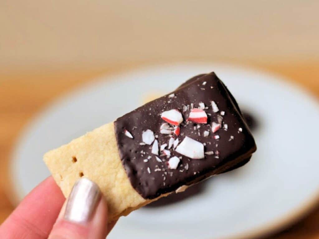 Image shows yummy peppermint shortbread cookie.