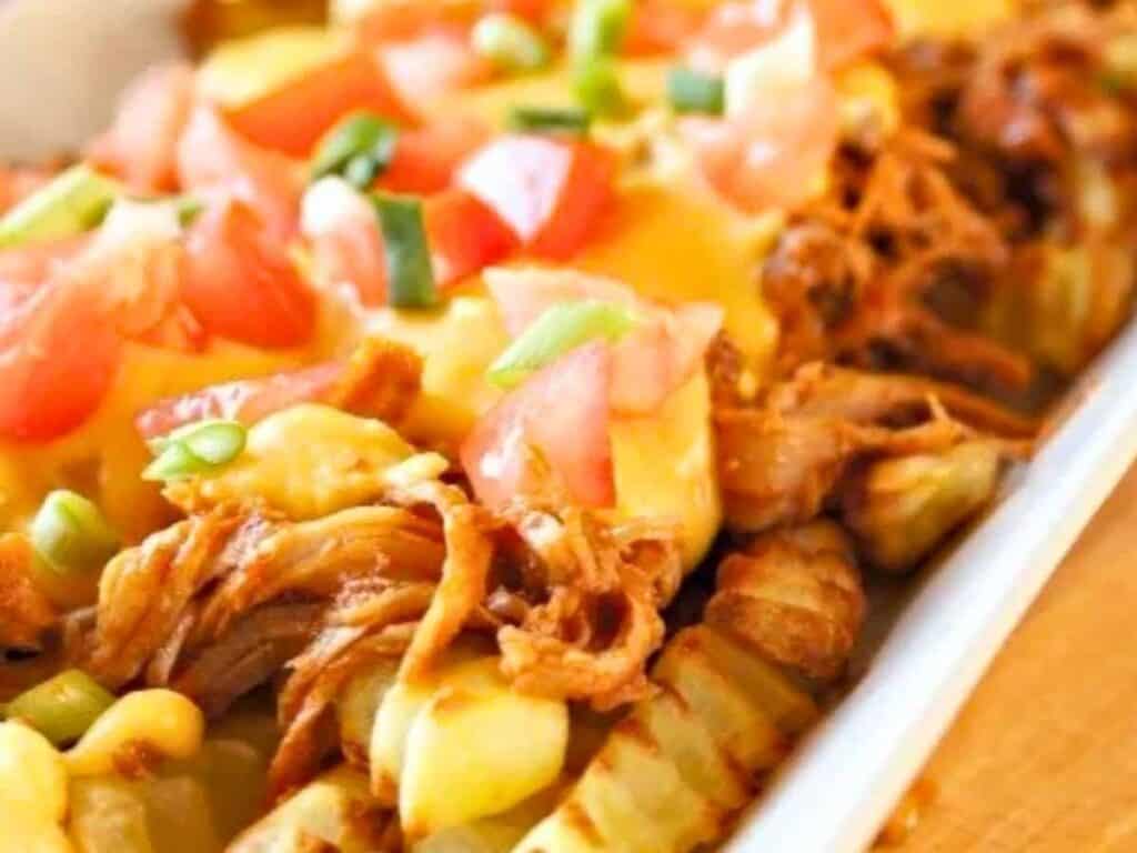 Image shows yummy pulled pork French fry nachos.