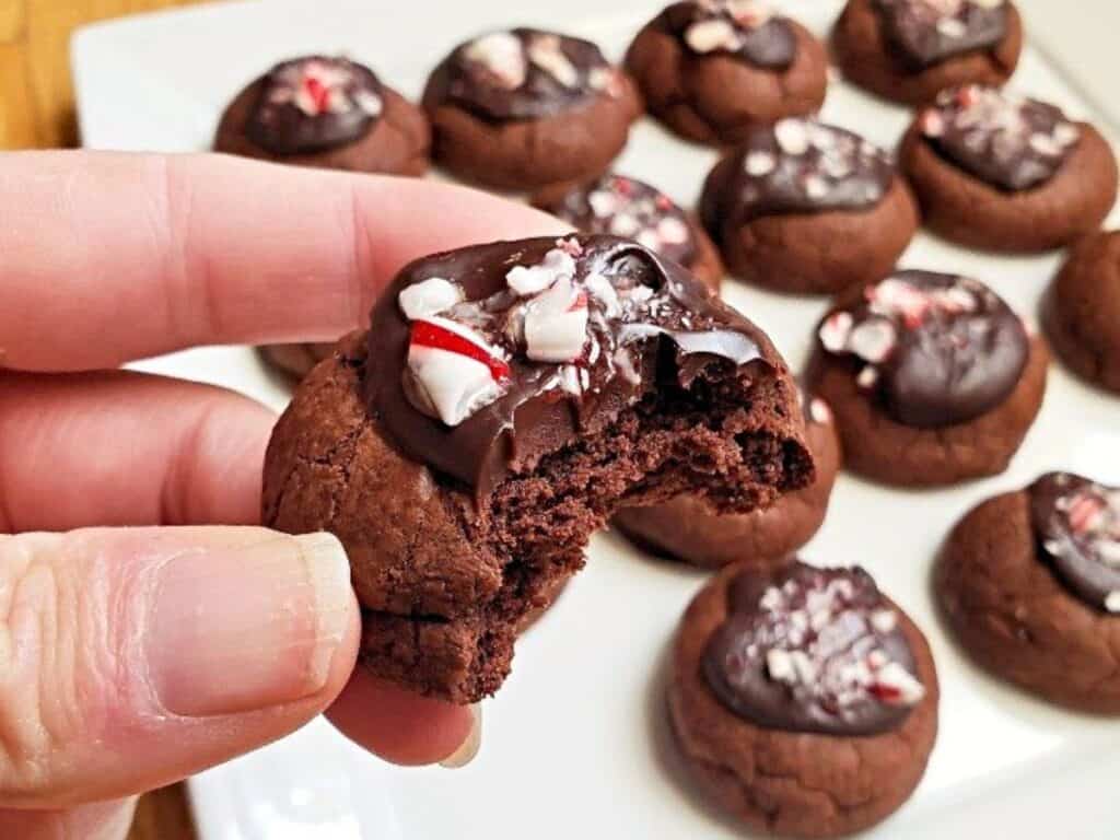 Image shows bite of easy to make chocolate peppermint cookie.