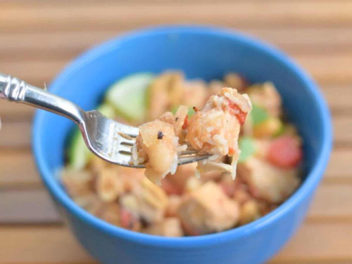 Image shows an overhead shot of a bowl of Thai Chicken Chili.